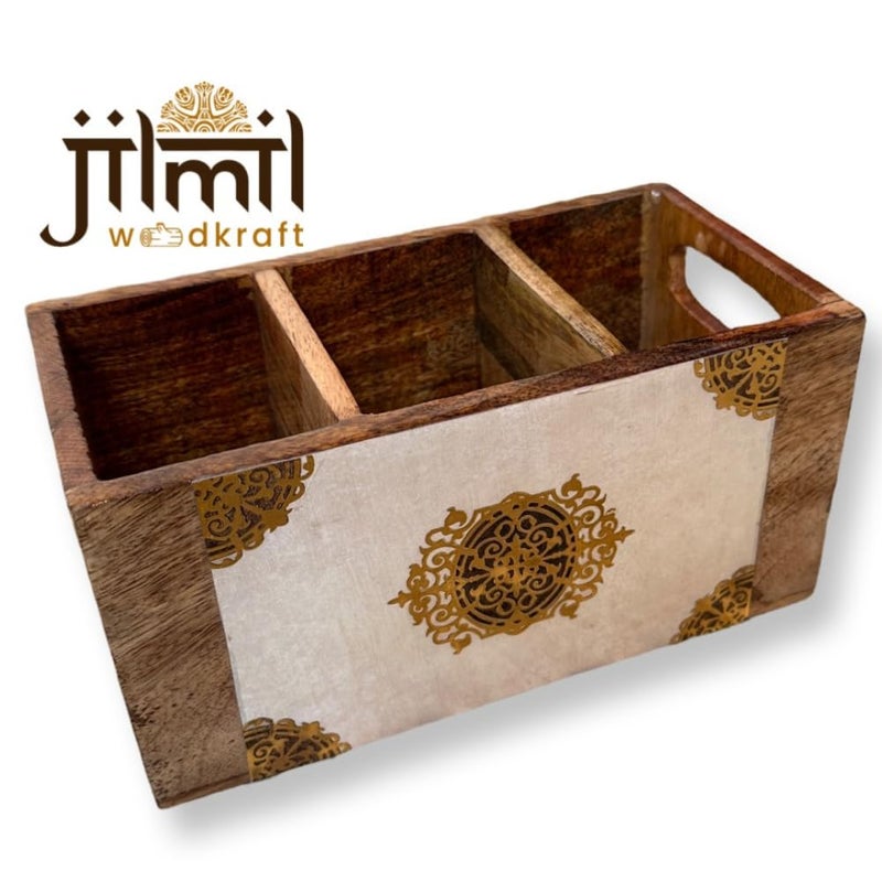 jilmil woodkraft jilmil woodkraft Wooden Spoon Stand Cutlery Holder for Kitchen Dining Table Hotel 8x4 inch 3 COMPARTMENT  - Image 2