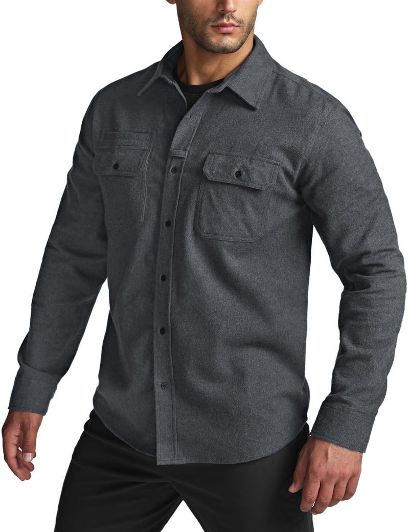CQR Men's 100% All Cotton Button Down Flannel Shirts, Long Sleeve Brushed Warm Soft Casual Outdoor Plaid Shirt, Solid Grey, X-Large Tall - Image 2