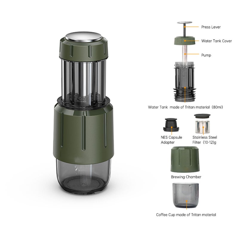 Manual Coffee Machine Portable Capsule Maker Dual Capsule and Ground Coffee Compatibility 8-15Bar Pressure Foldable Compact Design for Travel Home Office Green - Image 3