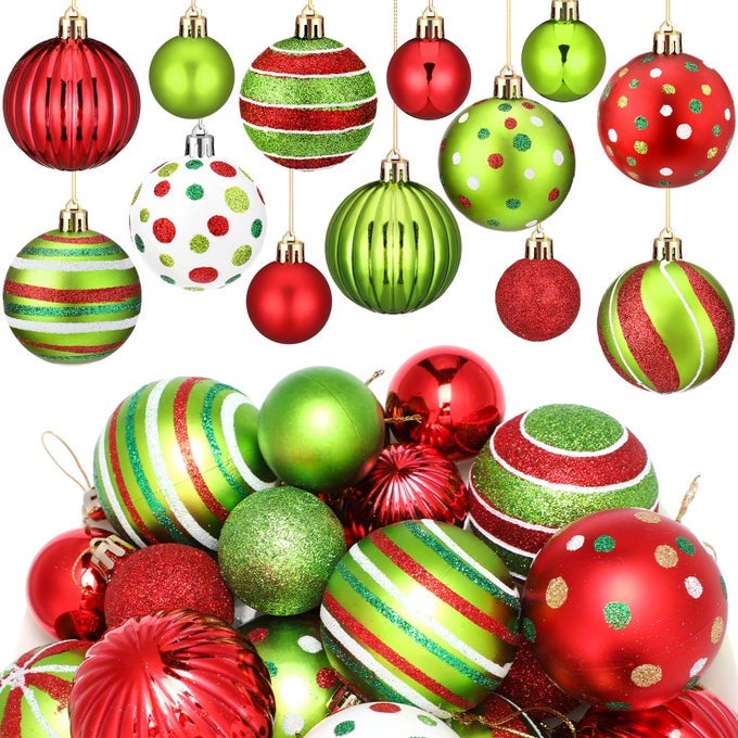 48 Pcs Christmas Ball Ornaments 16 24 Red Lime Green White Hanging Decorations Plastic Balls Swirl Candy Cane Peppermint Christmas Pendants for Xmas Tree Decoration 2 Size