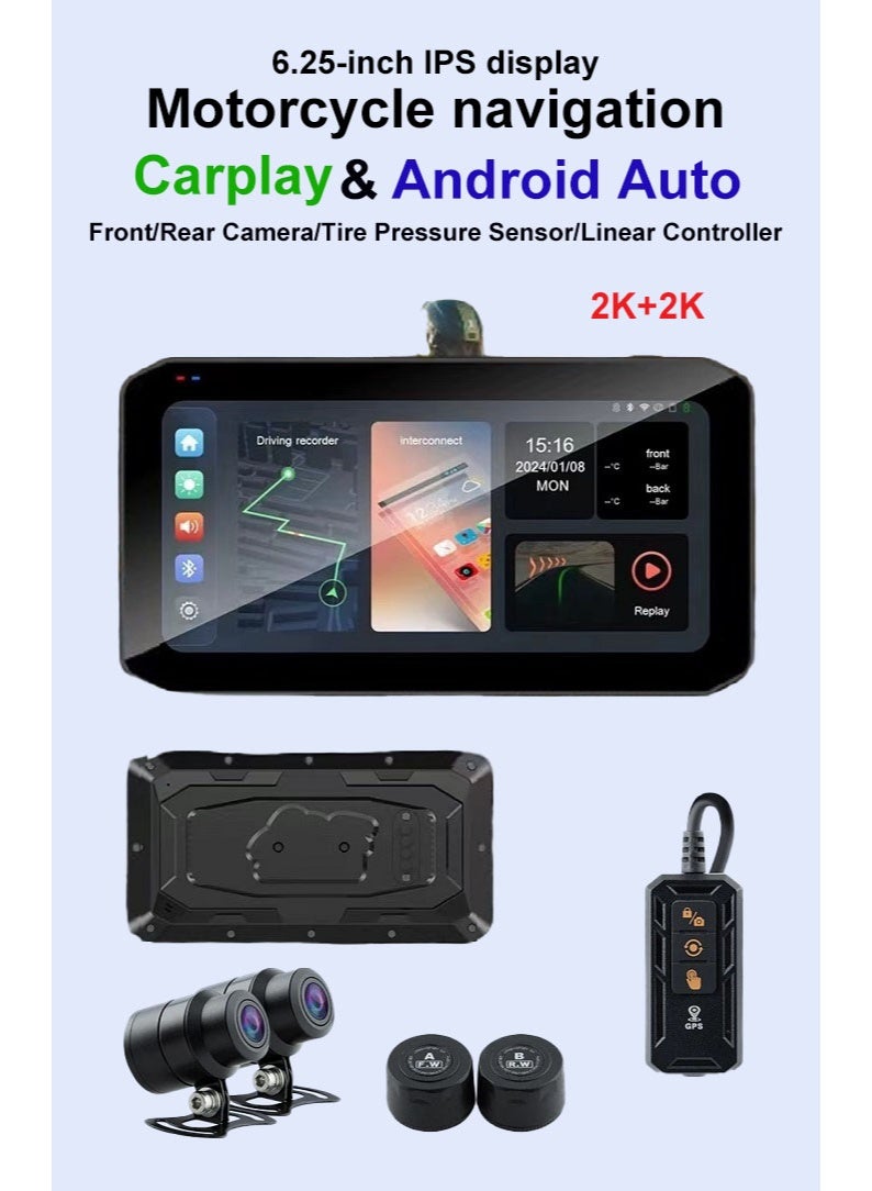 M6 2K+2K 1440P Wireless CarPlay Android Auto 6.25 Inch Portable Motorcycle Camera GPS Navigation TPMS Tire Pressure Monitoring - Image 1