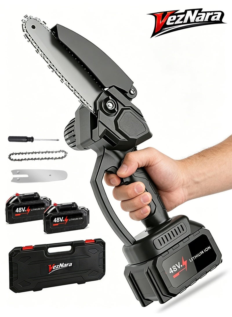VezNara Cordless Mini Chainsaw 6 Inch, 300W Electric Saw with 2×48V Batteries, Portable Handheld Wood Cutter for Garden Pruning & DIY Cutting-Black - Image 1