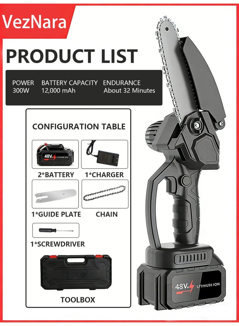 VezNara Cordless Mini Chainsaw 6 Inch, 300W Electric Saw with 2×48V Batteries, Portable Handheld Wood Cutter for Garden Pruning & DIY Cutting-Black - Image 2
