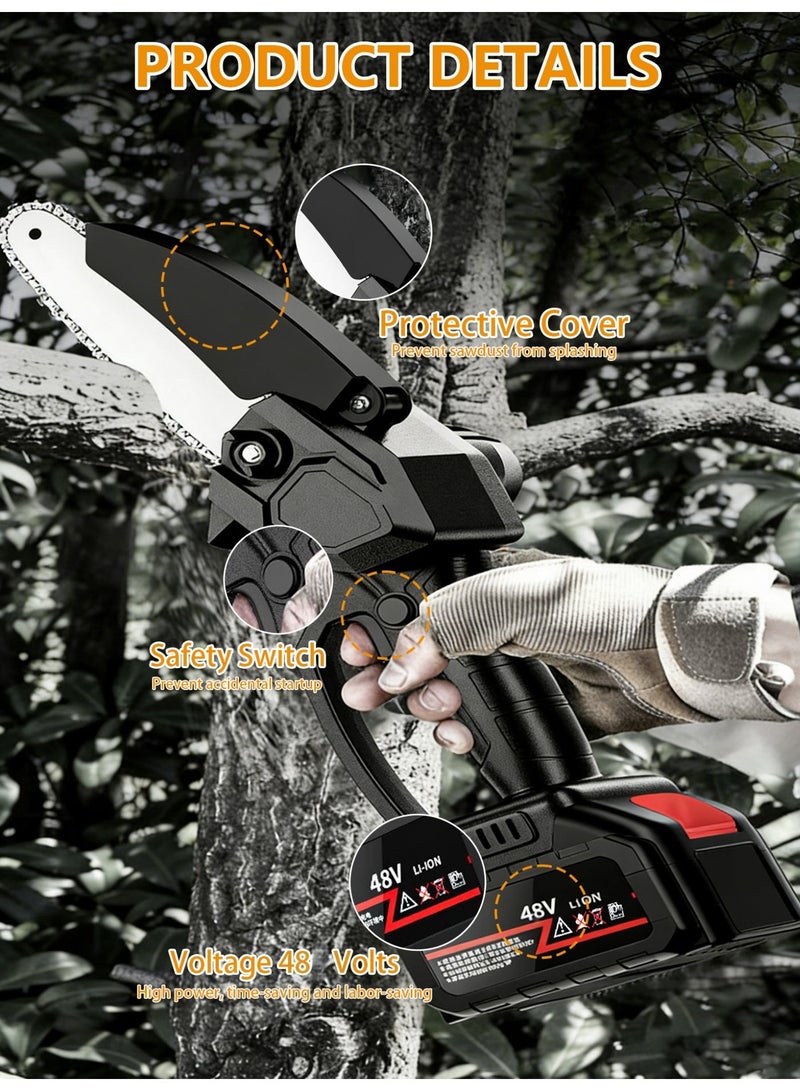 VezNara Cordless Mini Chainsaw 6 Inch, 300W Electric Saw with 2×48V Batteries, Portable Handheld Wood Cutter for Garden Pruning & DIY Cutting-Black - Image 5