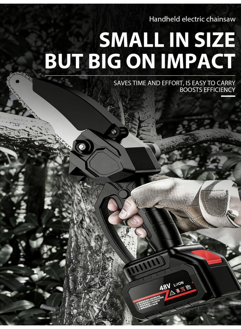 VezNara Cordless Mini Chainsaw 6 Inch, 300W Electric Saw with 2×48V Batteries, Portable Handheld Wood Cutter for Garden Pruning & DIY Cutting-Black - Image 3