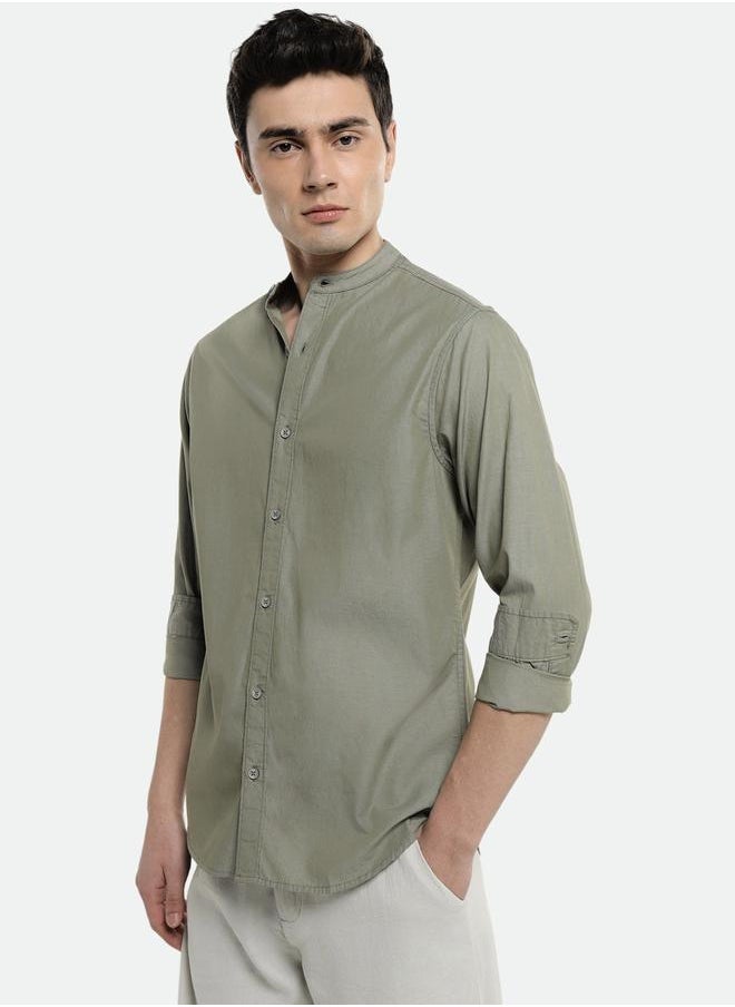 Dennis Lingo - Olive Slim Fit Solid Shirt for Men - Cotton, Full Sleeves, Mandarin Collar, Casual, - Image 1