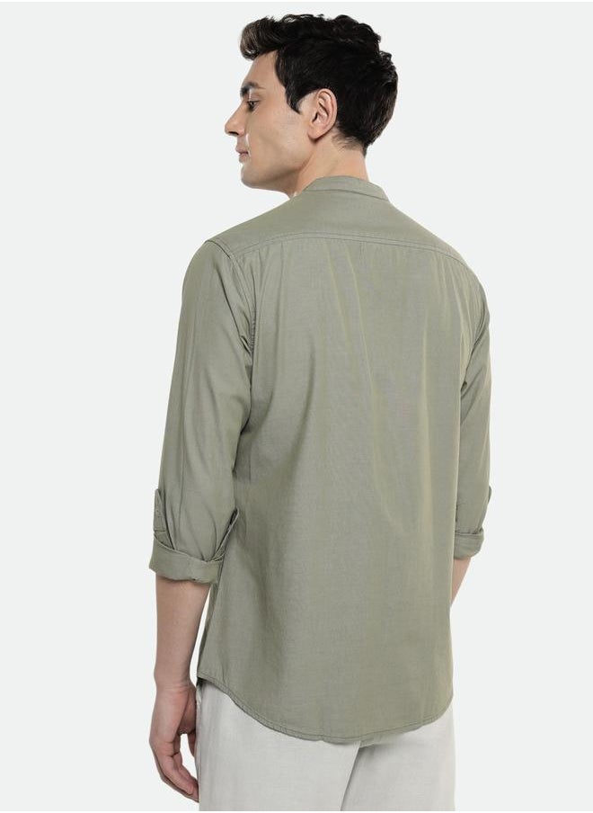 Dennis Lingo - Olive Slim Fit Solid Shirt for Men - Cotton, Full Sleeves, Mandarin Collar, Casual, - Image 1