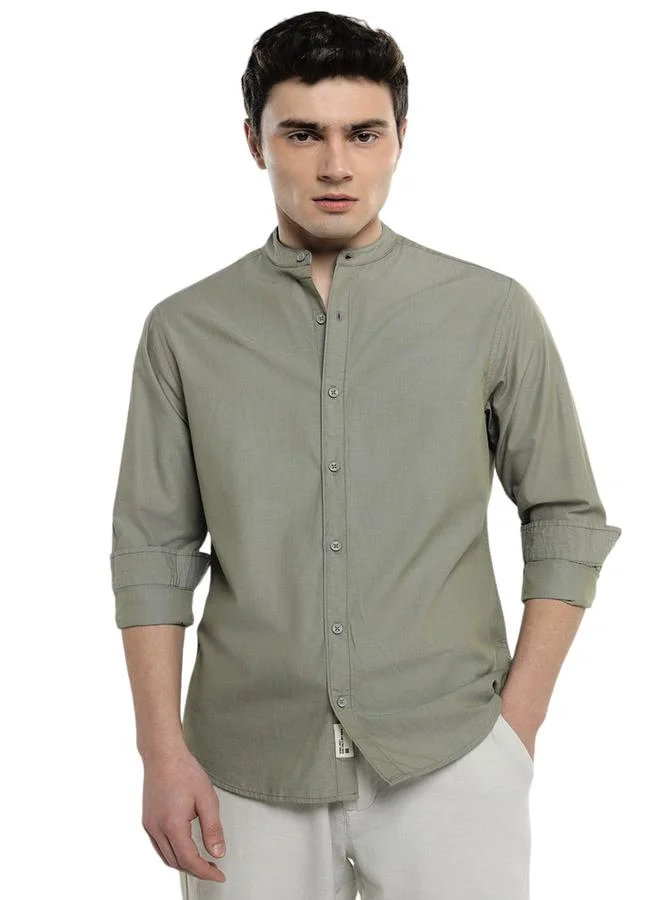 Dennis Lingo Olive Slim Fit Solid Shirt for Men - Cotton, Full Sleeves, Mandarin Collar, Casual,