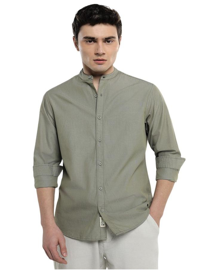 Dennis Lingo - Olive Slim Fit Solid Shirt for Men - Cotton, Full Sleeves, Mandarin Collar, Casual, - Image 1