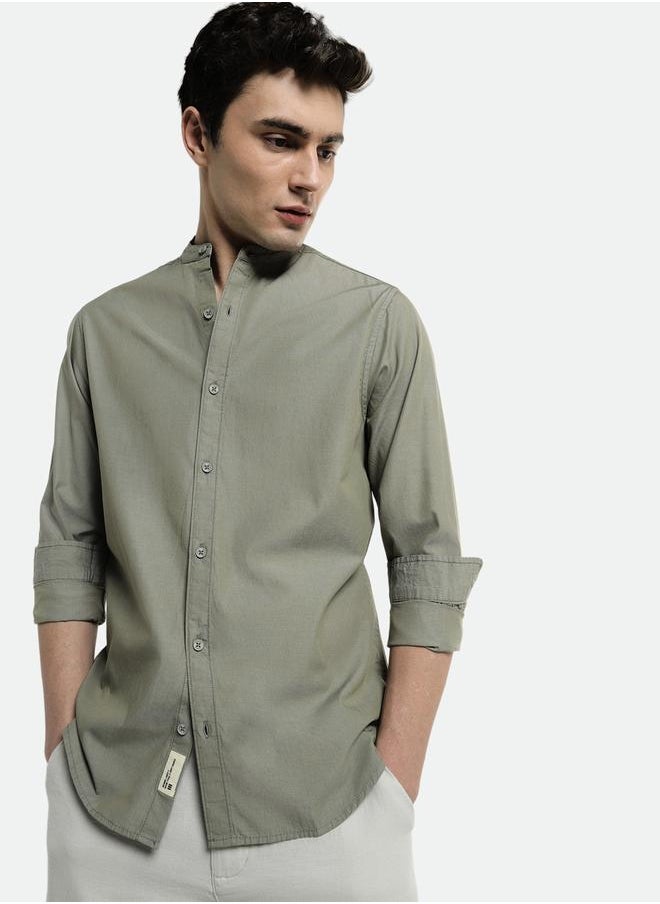 Dennis Lingo - Olive Slim Fit Solid Shirt for Men - Cotton, Full Sleeves, Mandarin Collar, Casual, - Image 1