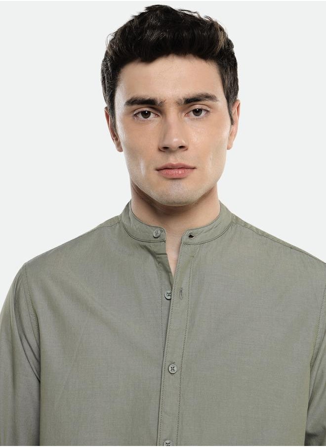 Dennis Lingo - Olive Slim Fit Solid Shirt for Men - Cotton, Full Sleeves, Mandarin Collar, Casual, - Image 1