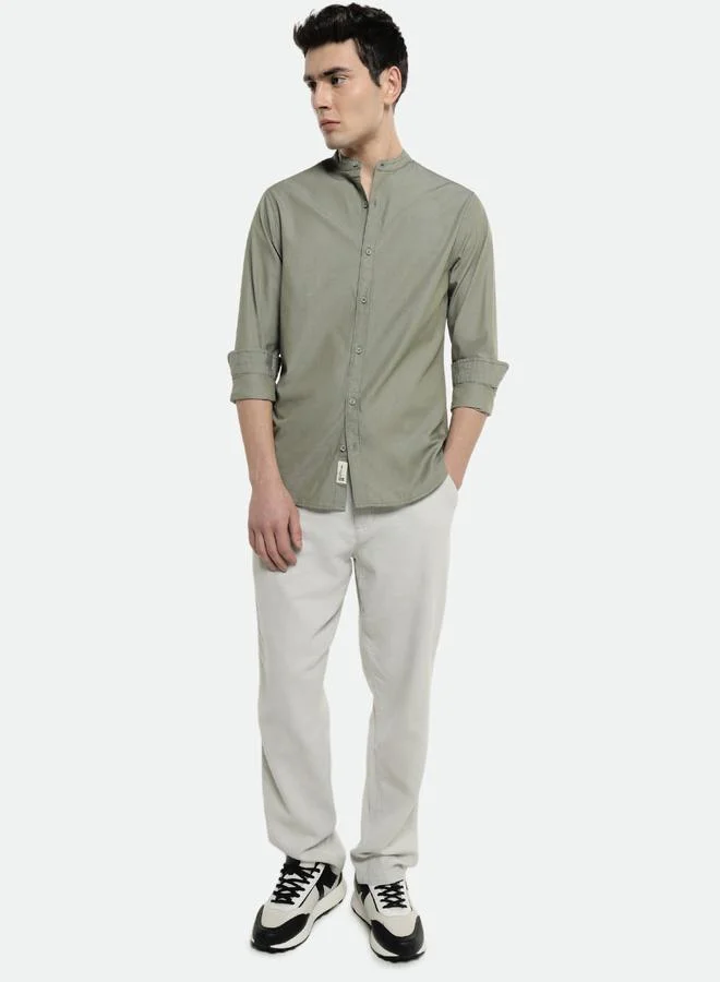 Dennis Lingo Olive Slim Fit Solid Shirt for Men - Cotton, Full Sleeves, Mandarin Collar, Casual,