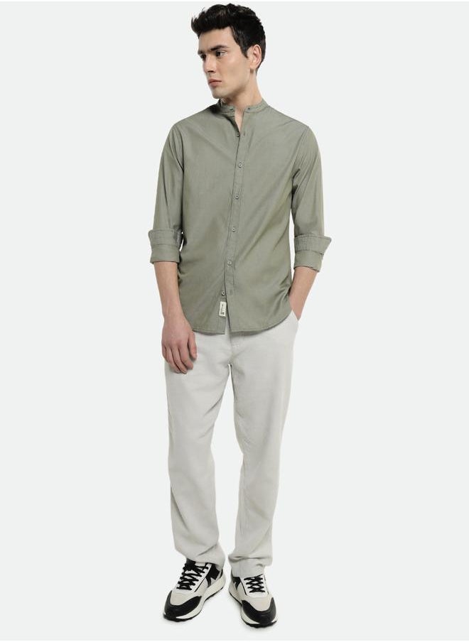 Dennis Lingo - Olive Slim Fit Solid Shirt for Men - Cotton, Full Sleeves, Mandarin Collar, Casual, - Image 1