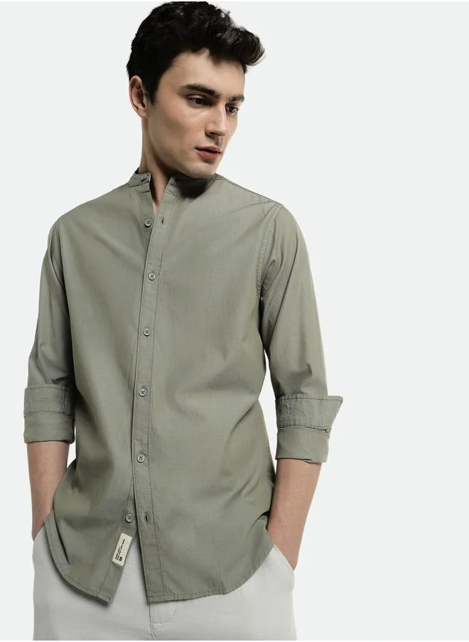 دينيس لينغو Olive Slim Fit Solid Shirt for Men - Cotton, Full Sleeves, Mandarin Collar, Casual