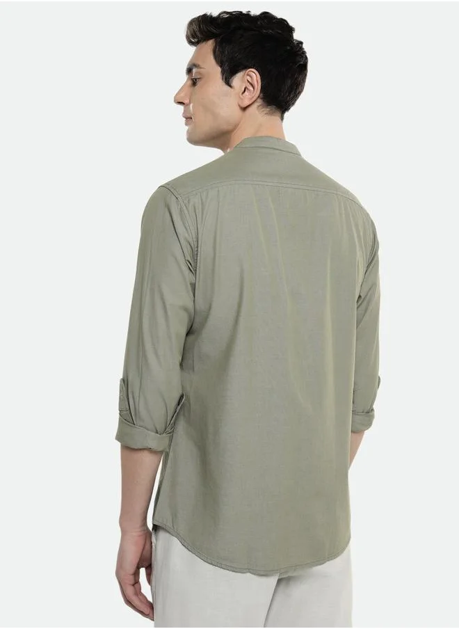 دينيس لينغو Olive Slim Fit Solid Shirt for Men - Cotton, Full Sleeves, Mandarin Collar, Casual