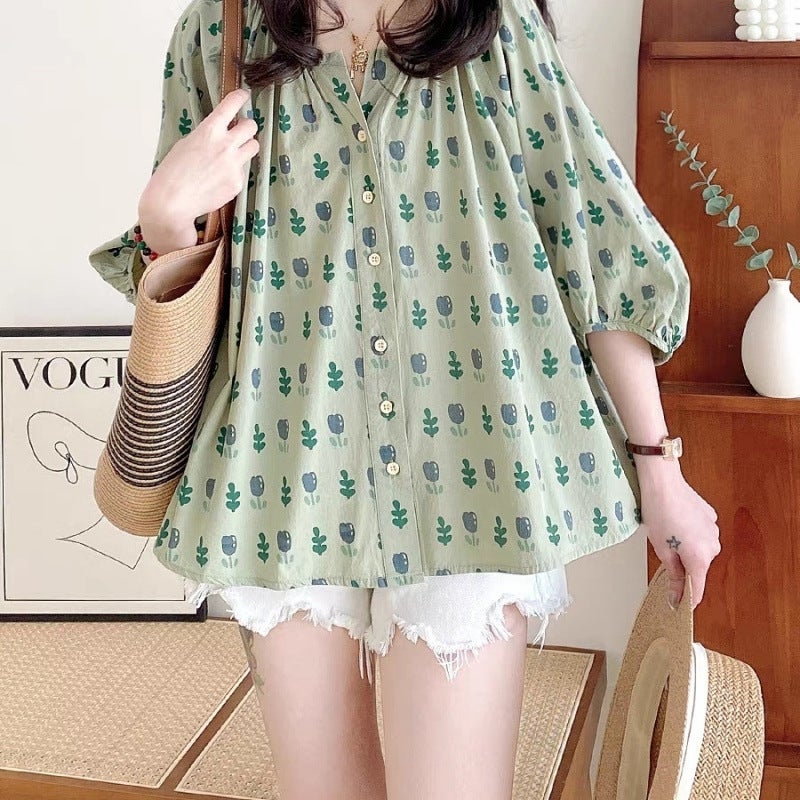 Babydoll Top Womens Summer 2025 New French Sweet Loose V-Neck Lantern Sleeve Tulip Print Shirt Matcha green tulips