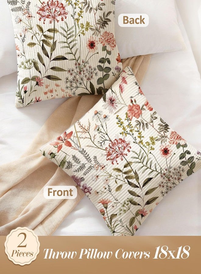 Kokaaee Corduroy Throw Pillow Covers 18x18 - Set of 2 Decorative Spring Pillow Covers with Zipper Farmhouse Decor Cottage Throw Pillowcases for Couch Sofa Living Room Home Bedroom, PK Floral - Image 4