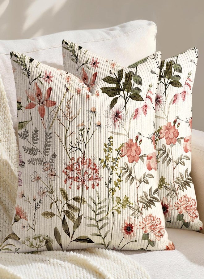 Kokaaee Corduroy Throw Pillow Covers 18x18 - Set of 2 Decorative Spring Pillow Covers with Zipper Farmhouse Decor Cottage Throw Pillowcases for Couch Sofa Living Room Home Bedroom, PK Floral - Image 1