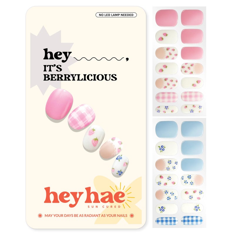 Heyhae Semi Cured Gel Nail Strips | No LED Lamp Needed | Summer, Solid, Pink | Easy Apply & Remove, Salon Quality | Includes 28 Strips, 1 Prep Pads, Nail File & Wooden Stick - Hey, It's Berrylicious - Image 1