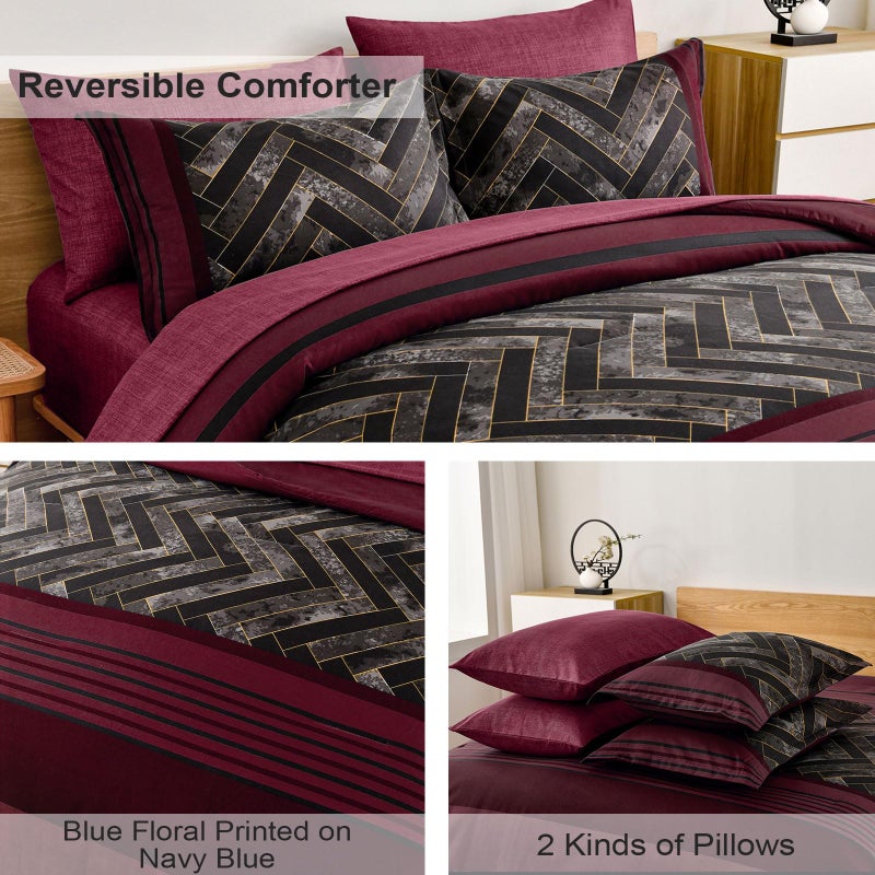 Luxudecor Burgundy Comforter Set King Size 7 Pieces Red and Black Stripe Bed in a Bag Geometric Comforter and Sheet Set, Soft Microfiber Complete Bedding Sets for All Seasons - Image 4