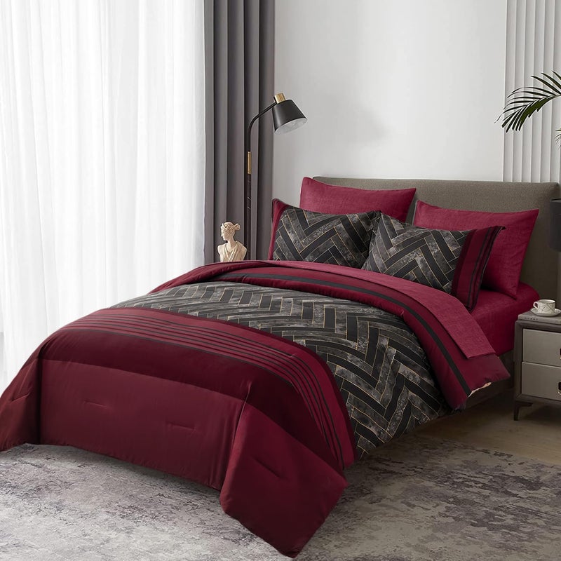 Luxudecor Burgundy Comforter Set King Size 7 Pieces Red and Black Stripe Bed in a Bag Geometric Comforter and Sheet Set, Soft Microfiber Complete Bedding Sets for All Seasons - Image 3