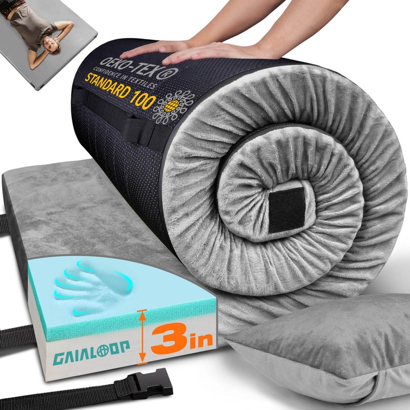 Gaialoop 3 Inch Memory Foam Camping Mattress, Dual Layer Thick Sleeping Camp Pad for Car Tent Cot, Roll-Up Portable Glamping Floor Bed for Guests Sleepover[Twin: 75 * 38 * 3"] - Image 1