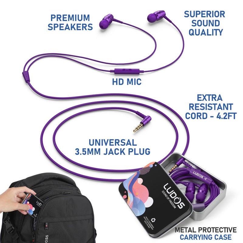 LUDOS OMNITONE Wired Earbuds in-Ear Headphones, 5 Year Warranty, Earphones with Microphone, 3.5 mm Jack Corded Ear Buds, Videoconference for iPhone, Samsung, Laptop, Kids, School Students - Purple - Image 2