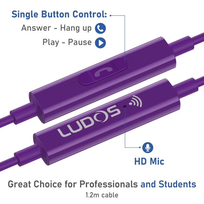 LUDOS OMNITONE Wired Earbuds in-Ear Headphones, 5 Year Warranty, Earphones with Microphone, 3.5 mm Jack Corded Ear Buds, Videoconference for iPhone, Samsung, Laptop, Kids, School Students - Purple - Image 3