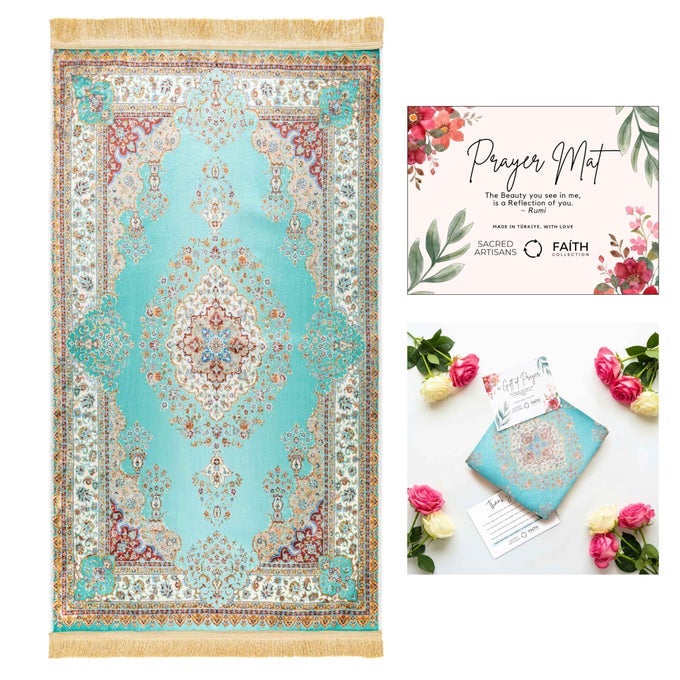MUSLIM PRAYER RUG AND ISLAMIC PRAYER MAT FOR MEN AND WOMEN A SUPER SOFTTOUCH TURKISH JANAMAZ AND SAJADAH FOR SALAH AND GIFT FOR RAMADAN EID HAJJ OR TRAVEL ISTANBUL BLUE