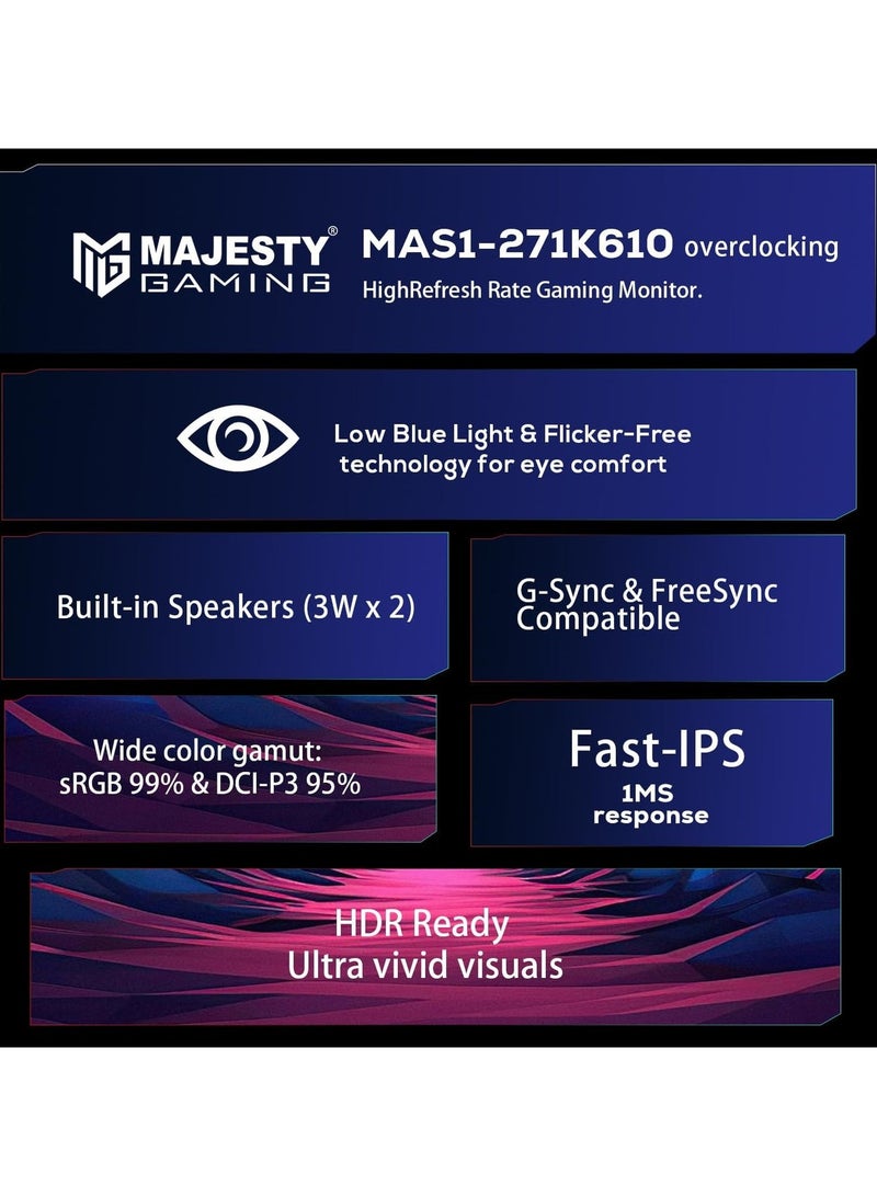ماجيستي شاشة ألعاب ماجيستي منحنية 27 بوصة 1800R | FHD 1080p | VA | 260Hz | 1ms | G-SYNC & FreeSync | ‎99% sRGB | HDR | HDMI & DP 1.4 | سماعات مدمجة | VESA | إضاءة خلفية - Image 3