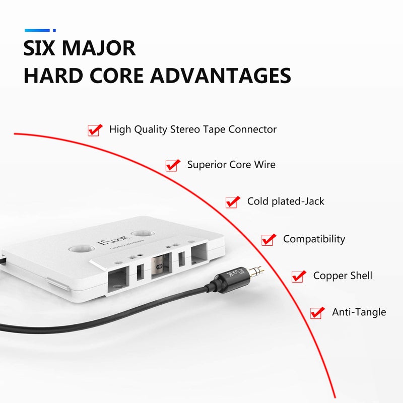 Elook Car Cassette Aux Adapter, 3.5mm Universal Audio Cable Tape Adapter for Car, Phone, MP3 ect. White - Image 4