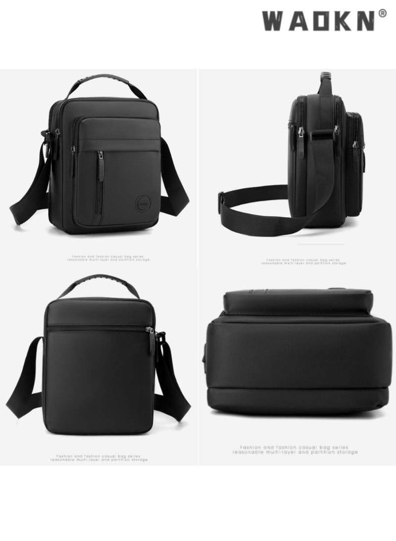 WAOKN Men High Quality boys Crossbody Bag Minimalist Wear-Resistant Oxford Crossbody/Shoulder Bag with Adjustable Strap and Top Handle Multi-layer Functional New Trends Fashion Handbag for Men Solid Black - Image 5