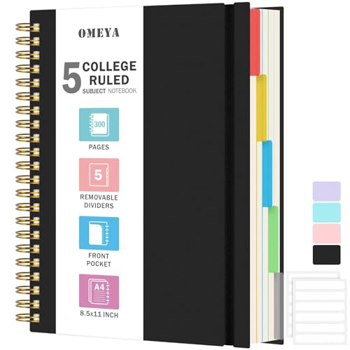 OMEYA دفتر ملاحظات حلزوني 8.5" × 11"، دفاتر 5 مواد دراسية مقسمة بقواعد جامعية مع فواصل قابلة للإزالة، 300 صفحة 100GSM دفتر كتابة سميك للنساء والرجال، دفاتر ملاحظات كبيرة A4 مسطرة للعمل والمدرسة - Image 1