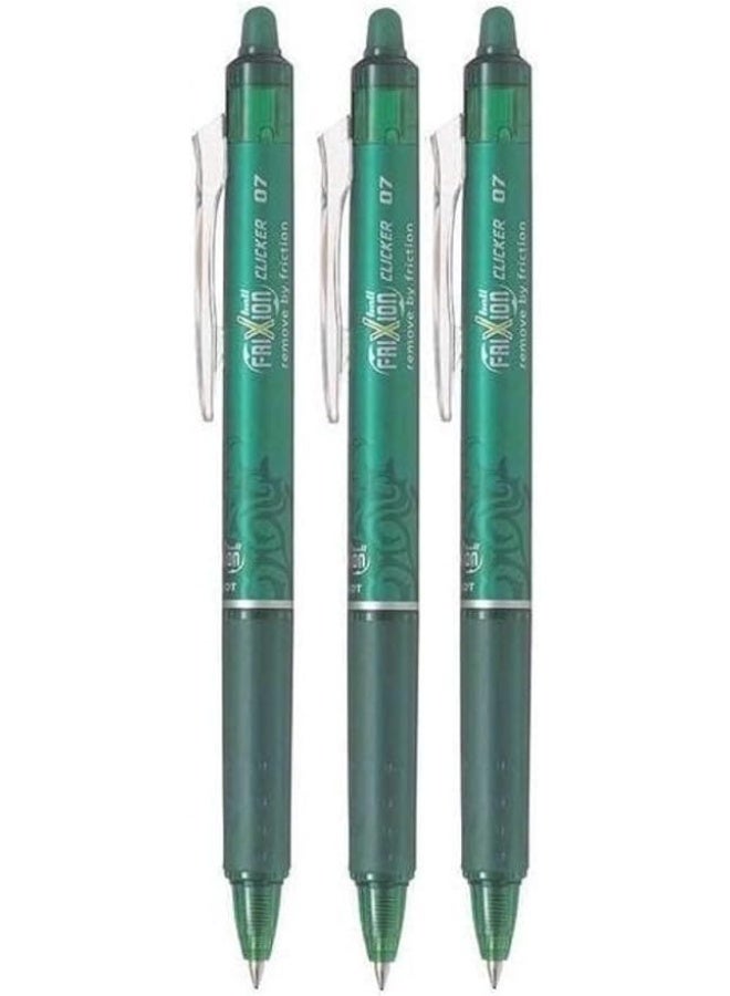 Pilot Green Frixion Clicker Retractable Fine Rollerball Erasable Pens Pen 0.7mm Nib Tip 0.35mm Line BLRT-FR7 (Pack Of 3) - Image 1