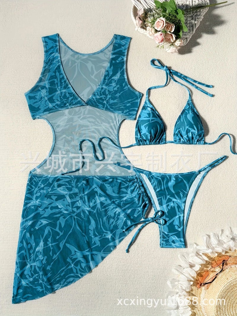Bikini Three-Piece Green Striped Printed Bikini Sunscreen Cover Ups Swimsuit - Image 1