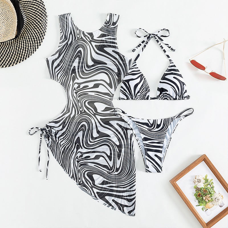 Bikini Three-Piece Green Striped Printed Bikini Sunscreen Cover Ups Swimsuit - Image 5