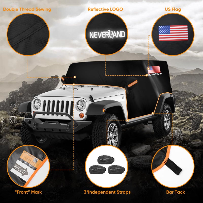 NEVERLAND Wrangler Cab Cover for 1987-2023 Jeep Wrangler JK JKU JL JLU 4 Door,NEVERLAND Half Car Cover Waterproof Oxford with Reflective Strip,Sun Snowproof Cab Car Cover Black - Image 2