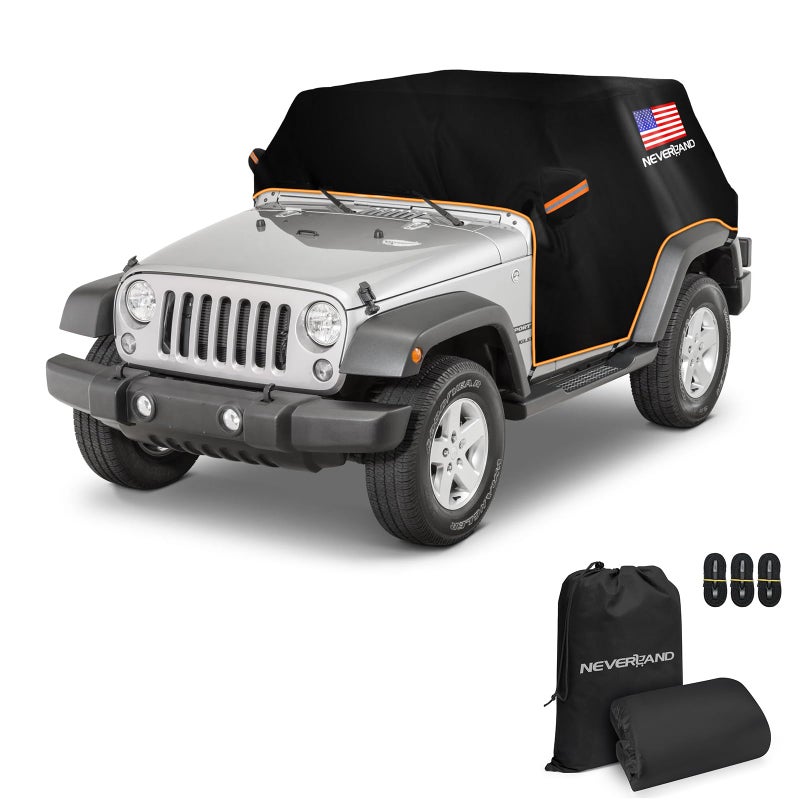 NEVERLAND Wrangler Cab Cover for 1987-2023 Jeep Wrangler JK JKU JL JLU 4 Door,NEVERLAND Half Car Cover Waterproof Oxford with Reflective Strip,Sun Snowproof Cab Car Cover Black - Image 1