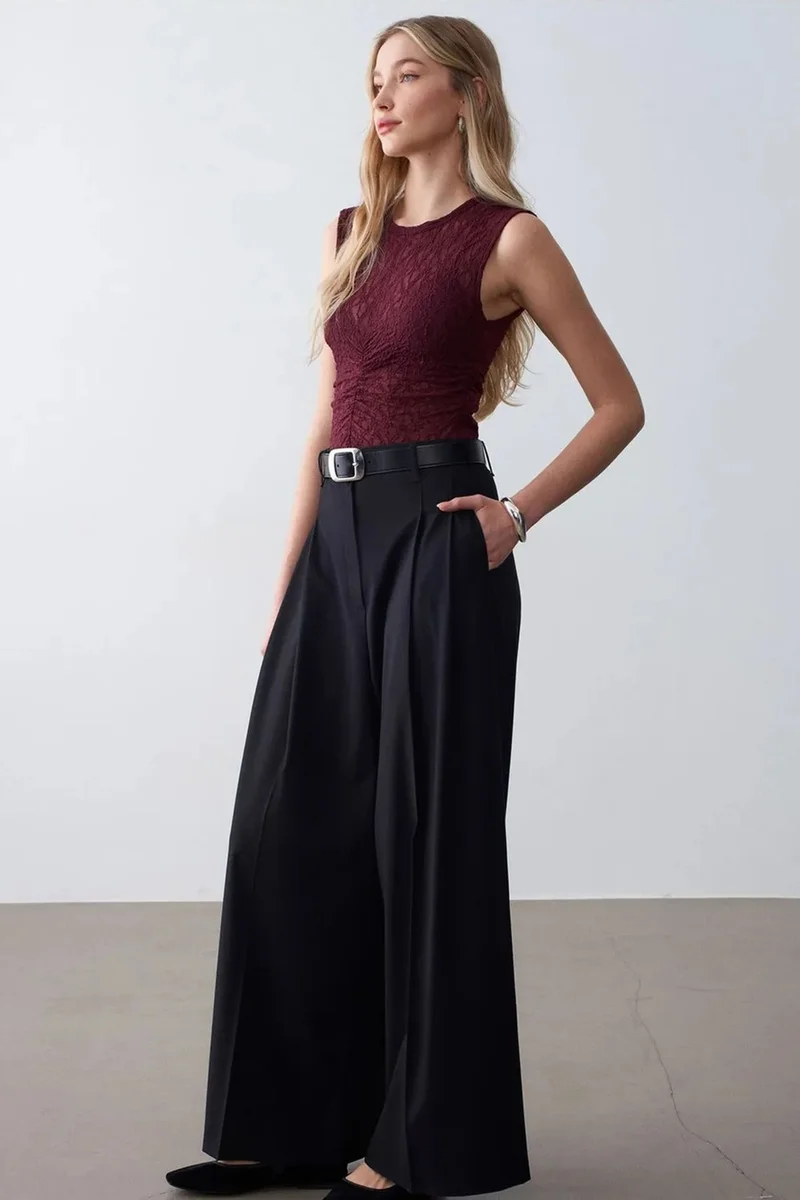 Dilvin Black DILVIN Women's High-Waist Wide-Leg Crepe Trousers for Women | Best Price UAE