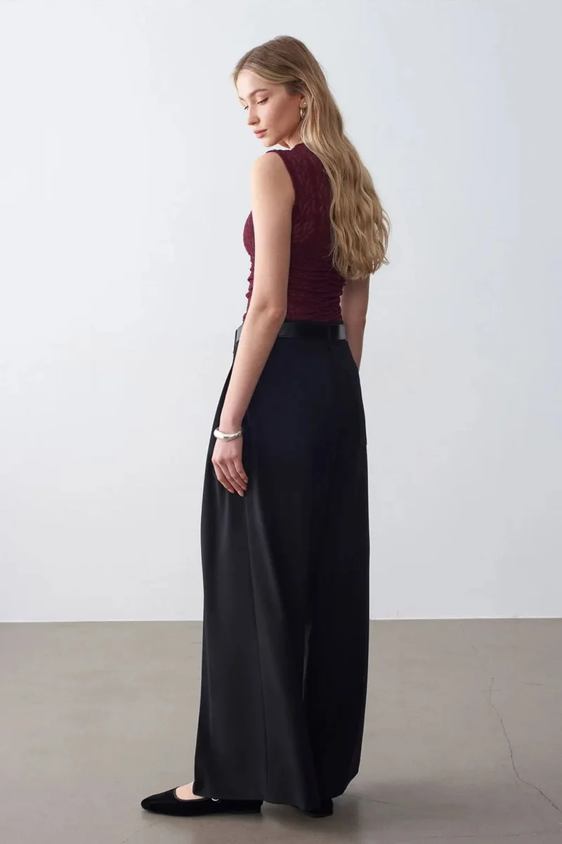Dilvin Black DILVIN Women's High-Waist Wide-Leg Crepe Trousers for Women | Best Price UAE
