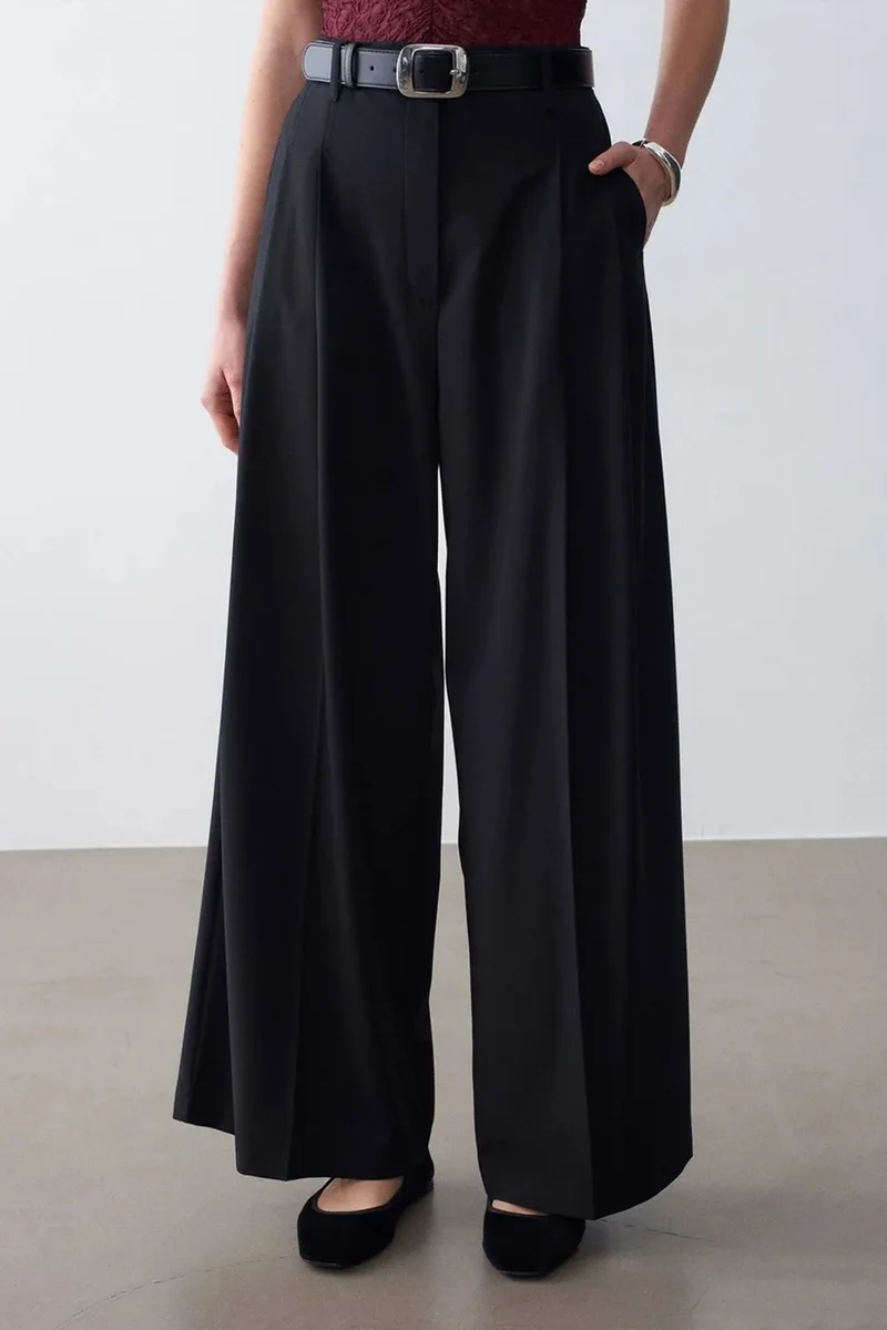 Dilvin Black DILVIN Women's High-Waist Wide-Leg Crepe Trousers for Women | Best Price UAE