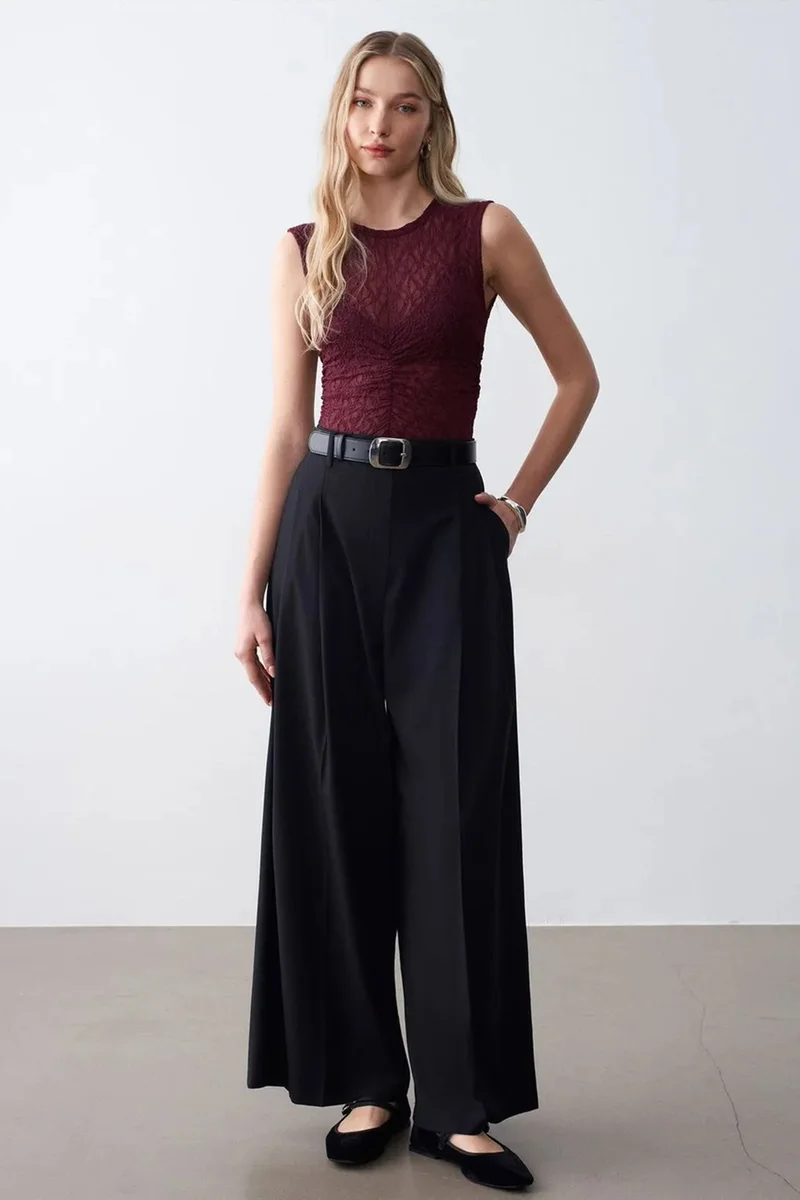 DILVIN Women's High-Waist Wide-Leg Crepe Trousers