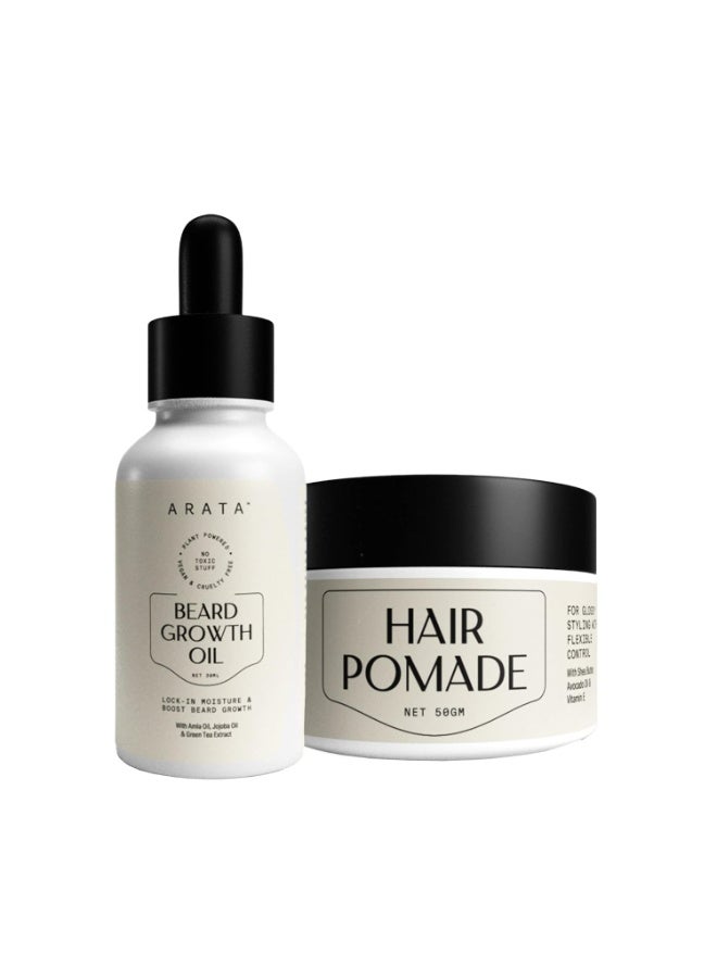 Arata Style Flex Set with Beard Growth Oil (30ml) & Hair Pomade (50gm) | Boosts Beard Growth | Style For A Glossy Finish With Flexible Control - Image 1