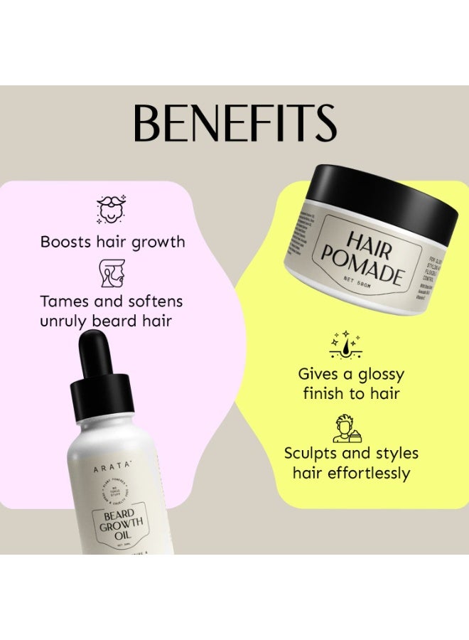 Arata Style Flex Set with Beard Growth Oil (30ml) & Hair Pomade (50gm) | Boosts Beard Growth | Style For A Glossy Finish With Flexible Control - Image 2