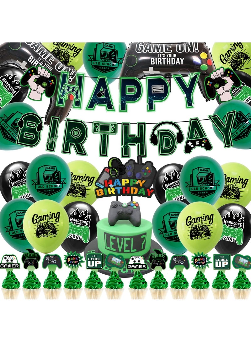 Excefore لوازم حفلات ألعاب الفيديو الخضراء، زينة موضوع الألعاب، لوازم حفلات عيد ميلاد الأولاد، مجموعة حفلة موضوع جهاز ألعاب الفيديو مع لافتة عيد الميلاد، بالونات الموضوع، زينة الكعكة - Image 1