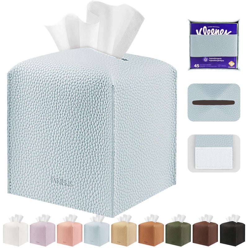 PARIERIS Tissue Box Cover Holder Square Tissue Cube Cover PU Leather Tissue Organizer with Bottom Belt for Bathroom, Tabletop, Car, Night Stands, Office, Home, Kitchen (Blue) - Image 1