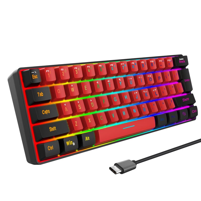 Snpurdiri 60% Wired Gaming Keyboard,True RGB Small Compact 61 Keys Mini Keyboard for PC/Mac Gamer, Typist, Travel, Easy to Carry on Business Trip(Black-Red) - Image 1