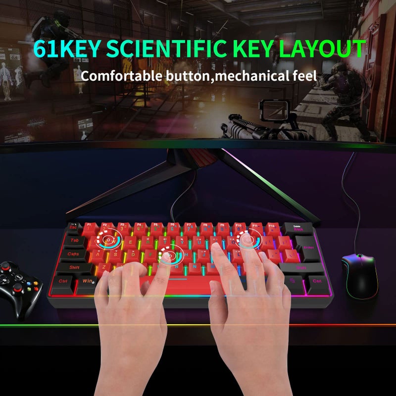 Snpurdiri 60% Wired Gaming Keyboard,True RGB Small Compact 61 Keys Mini Keyboard for PC/Mac Gamer, Typist, Travel, Easy to Carry on Business Trip(Black-Red) - Image 4