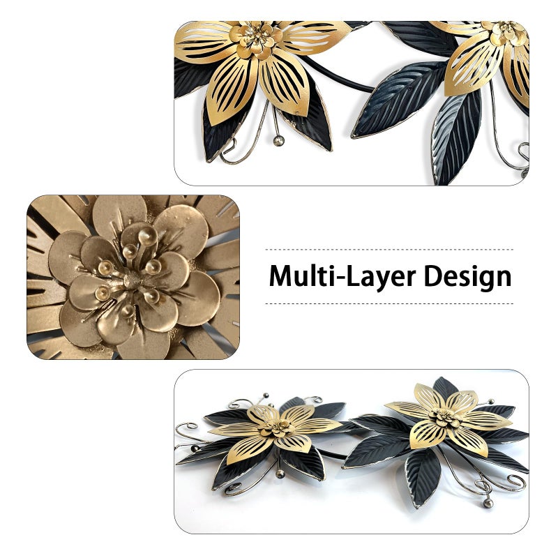 LIFFY Black Wall Decor,15" 3D Multi-layer Metal Flowers Wall Decor, Rustic Modern Floral Sculpture for Indoor Kitchen Bedroom Living Room Office Outdoor Garden Patio - Image 3