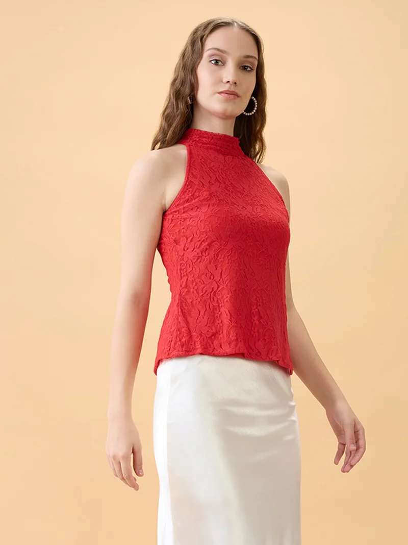 globus Women Red Floral Lace Detail Self Design Halter Neck Sleeveless Party Top
